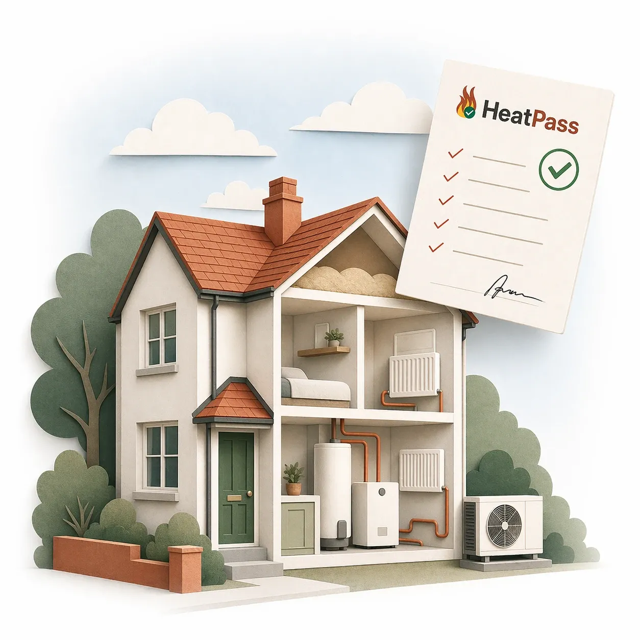 Cross-section illustration of a UK home showing an outdoor heat pump unit and indoor hot water cylinder, beside a HeatPass approval checklist.